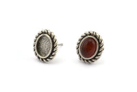 Silver Oval Earring, 4 Antique Silver Plated Brass Oval Earring Studs - Pad Size 6x8mm (11x13mm) N2080 H1427