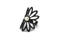 Black Ring Setting, Oxidized Black Brass Flower Ring With 1 Stone Settings - Pad Size 6mm N1793 H0778