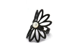 Black Ring Setting, Oxidized Black Brass Flower Ring With 1 Stone Settings - Pad Size 6mm N1793 H0778