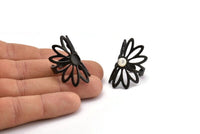 Black Ring Setting, Oxidized Black Brass Flower Ring With 1 Stone Settings - Pad Size 6mm N1793 H0778