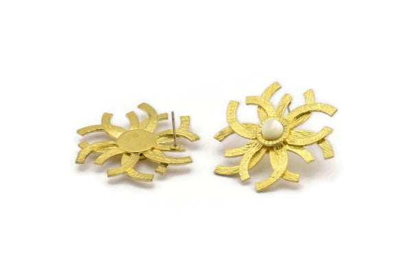 Brass Sun Earring, 2 Raw Brass Sunshine Stud Earrings - Pad Size 6mm N0704