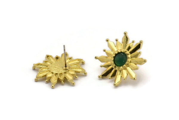 Brass Sun Earring, Raw Brass Sunshine Stud Earrings with 6mm Stone pad (25mm) N0852