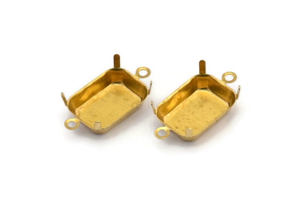 Rectangle Prong Setting, 25 Raw Brass Rectangles with 2 Loops, Prong Settings with 4 Claws  (13x18mm) S523