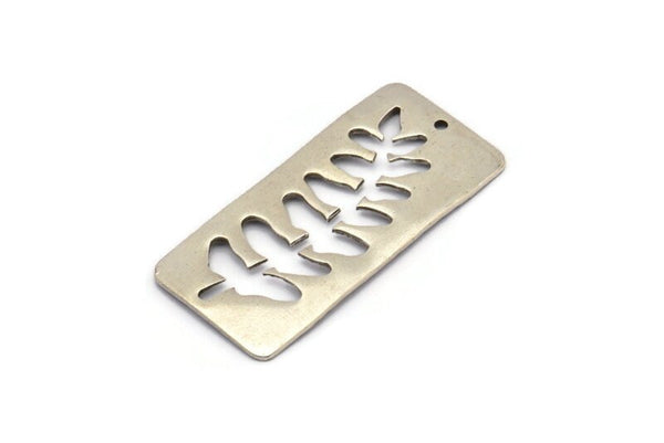 Silver Leaf Charm, 2 Antique Silver Plated Brass Leaf Textured Rectangle Charms With 1 Hole, Pendants (38x19mm) V100