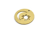 Brass Round Charm, 10 Raw Brass Crescent Moon And Sun Patterned Round Shape Charms With 1 Hole, Charm Pendants (18x0.60mm) A3116