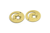 Brass Round Charm, 10 Raw Brass Crescent Moon And Sun Patterned Round Shape Charms With 1 Hole, Charm Pendants (18x0.60mm) A3116