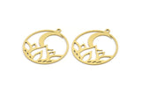 Brass Round Charm, 8 Raw Brass Lotus Flower And Crescent Moon Patterned Round Shaped Charms With 1 Loop, Findings (31x28x0.60mm) A3301