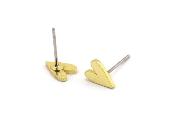 Brass Heart Earring, 12 Raw Brass Tiny Heart Shaped Stud Earrings (8x6x1mm) A3940