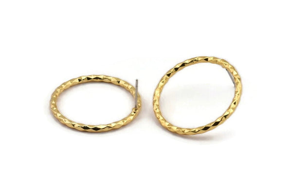 Gold Round Earring, 2 Textured Gold Plated Brass Circle Shaped Stud Earrings (29x2mm) N2110