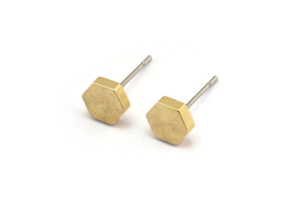 Brass Hexagon Earring, 8 Raw Brass Hexagon Stud Earrings (6x2mm) D0125 A1316