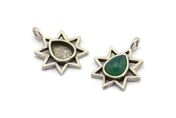 Silver Star Charm, 4 Antique Silver Plated Brass Star Charms With 1 Loop - Pad Size 6x8mm (21x17mm) N2069 H1470