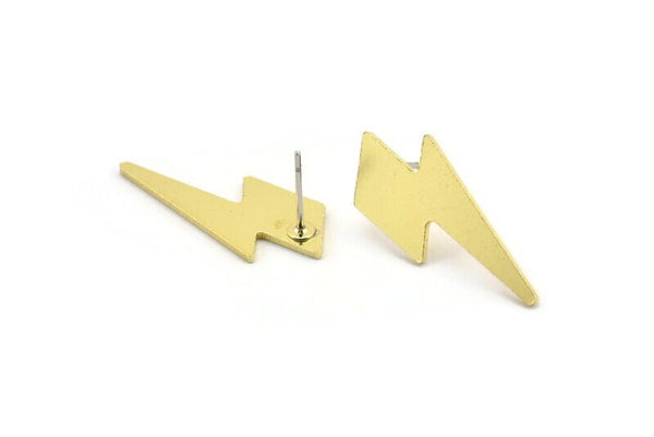 Brass Earring, 6 Raw Brass Lightning Bolt Stud Earrings (27x12x1mm) A3767