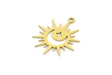 Brass Sun Charm, 24 Raw Brass Crescent Moon And Star Patterned Sun Shape Charms With 1 Loop, Charm Pendants (22x18x0.60mm) A3992