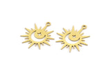 Brass Sun Charm, 24 Raw Brass Crescent Moon And Star Patterned Sun Shape Charms With 1 Loop, Charm Pendants (22x18x0.60mm) A3992
