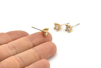 Gold Stud Earring, 4 Gold Plated Brass 4 Claw Stud Earrings, CZ Pave Earrings, Round Zircon Stud Earrings (7mm) SY0164