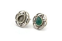Silver Flower Earring, 4 Antique Silver Plated Brass Flower Stud Earrings With 1 Drop Shaped Stone - Pad Size 8x6mm N2090 H1434