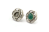 Silver Flower Earring, 4 Antique Silver Plated Brass Flower Stud Earrings With 1 Drop Shaped Stone - Pad Size 8x6mm N2090 H1434