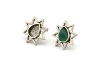 Silver Star Earring, 4 Antique Silver Plated Brass Star Stud Earrings With 1 Drop Shaped Stone - Pad Size 8x6mm N2081 H1431