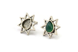 Silver Star Earring, 4 Antique Silver Plated Brass Star Stud Earrings With 1 Drop Shaped Stone - Pad Size 8x6mm N2081 H1431
