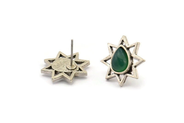 Silver Star Earring, 4 Antique Silver Plated Brass Star Stud Earrings With 1 Drop Shaped Stone - Pad Size 8x6mm N2081 H1431