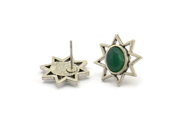 Silver Star Earring, 4 Antique Silver Plated Brass Star Stud Earrings With 1 Oval Shaped Stone - Pad Size 8x6mm N2082 H1430