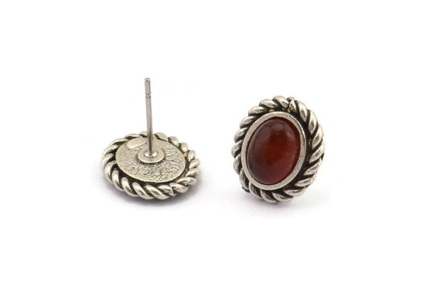 Silver Oval Earring, 4 Antique Silver Plated Brass Oval Earring Studs - Pad Size 6x8mm (11x13mm) N2080 H1427