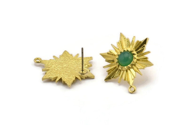 Brass Sun Earring, Raw Brass Sunshine Stud Earrings with 6mm Stone pad, with 1 Loop (28x21mm) N0864