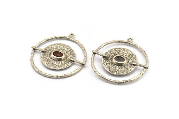 Circle Geometric Pendant, Antique Silver Plated Brass Necklace Findings With 4 Claws and Pad Setting and 1 Loop (43x3.4x1.9mm) BS 1904
