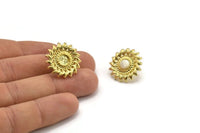 Brass Sun Earring, Raw Brass Sunshine Stud Earrings with 6mm Stone pad (22mm) N0865