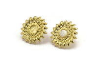 Brass Sun Earring, Raw Brass Sunshine Stud Earrings with 6mm Stone pad (22mm) N0865