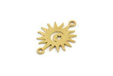 Brass Sun Connector, 24 Raw Brass Crescent Moon And Star Patterned Sun Shaped Connectors With 2 Loops, Charm Pendants (17x12x0.60mm) A4089