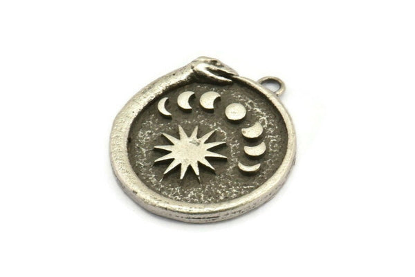 Silver Round Charm, Antique Silver Plated Brass Snake And Moon Phases Patterned Round Shape Charm With 1 Loop, Pendants (28x25x2.3mm) N2139