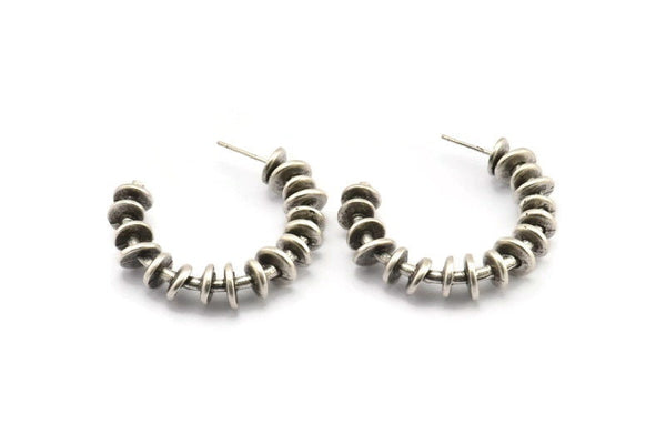 Silver Geometric Earring, 2 Hammered Antique Silver Plated Brass Circle Stud Earrings (38x37x8mm) N2146