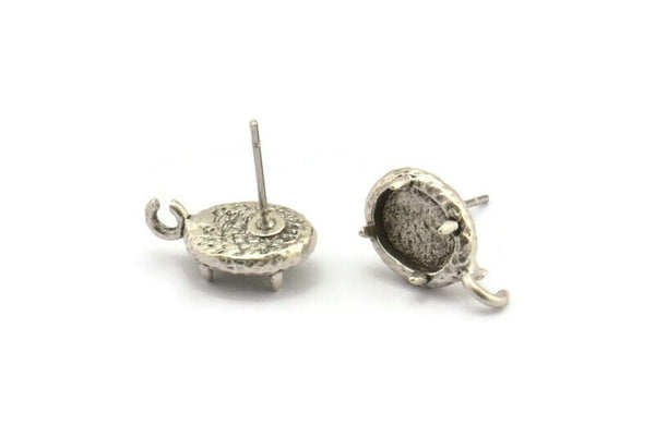 Silver Claw Earring, 4 Antique Silver Plated Brass 4 Claw Stud Earrings With 1 Loop - Stone Setting - Pad Size 8x6mm N2126