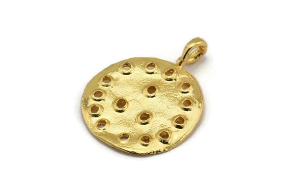Gold Round Charm, Gold Plated Brass Round Charm With 1 Loop, Pendants, Earring Findings (31x24x1.5mm) N2138