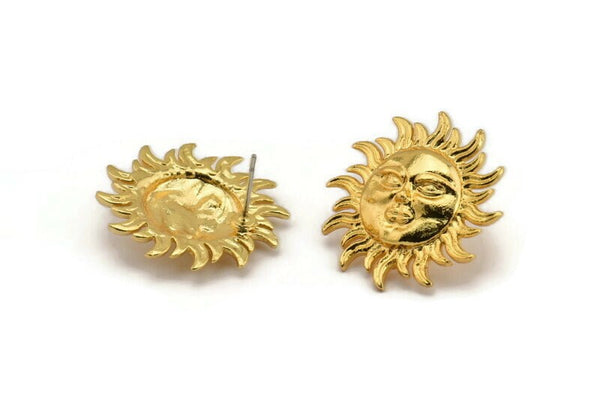 Gold Sun Earring, 2 Gold Plated Brass Sun Stud Earrings, Findings (26x26mm) N2137