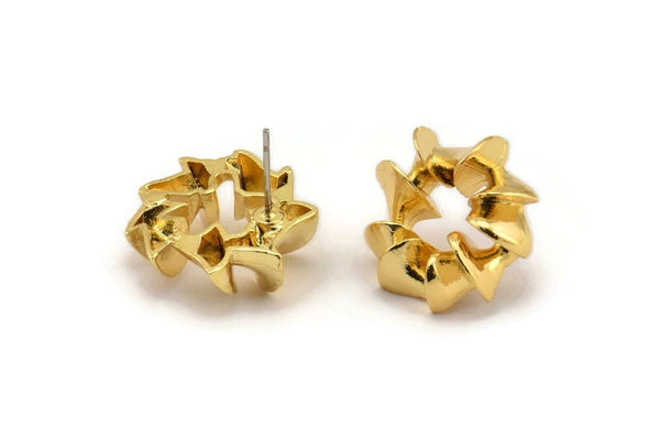 Gold Round Earring, 2 Gold Plated Brass Round Stud Earrings (20x19mm) N2144
