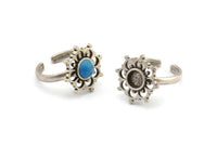 Silver Ring Settings, 2 Antique Silver Plated Brass Flower Rings With 1 Round Shaped Stone Setting - Pad Size 6mm N2101 H1414