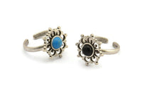 Silver Ring Settings, 2 Antique Silver Plated Brass Flower Rings With 1 Round Shaped Stone Setting - Pad Size 6mm N2101 H1414
