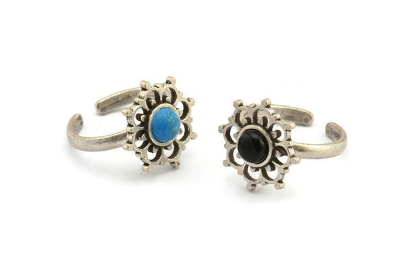 Silver Ring Settings, 2 Antique Silver Plated Brass Flower Rings With 1 Round Shaped Stone Setting - Pad Size 6mm N2101 H1414