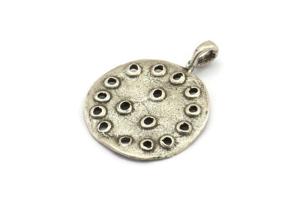 Silver Round Charm, 2 Antique Silver Plated Brass Round Charms With 1 Loop, Pendants, Earring Findings (31x24x1.5mm) N2138
