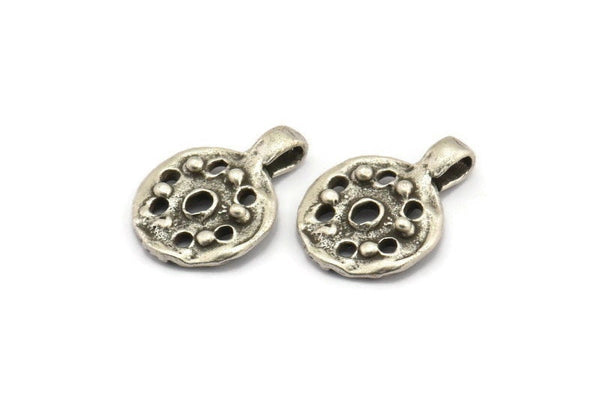 Silver Round Charm, 4 Antique Silver Plated Brass Round Charms With 1 Loop, Pendants, Earring Findings (20x15x2mm) N2129
