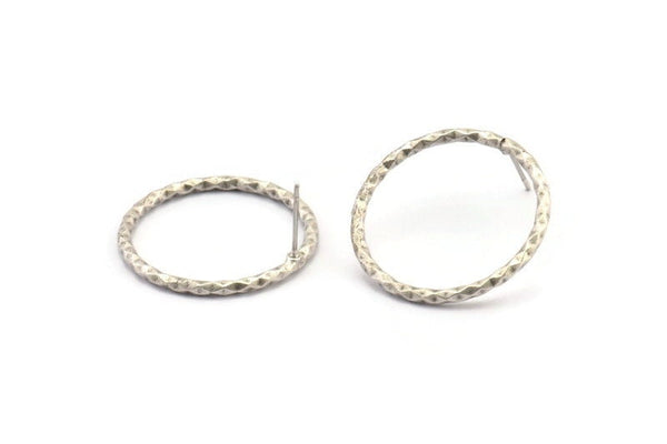 Silver Round Earring, 2 Textured Antique Silver Plated Brass Circle Shaped Stud Earrings (29x2mm) N2110 H1563