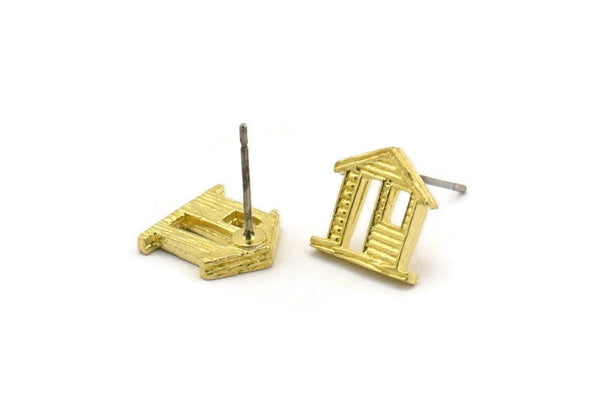 Brass Home Earring, 8 Raw Brass House Stud Earrings (11mm) N1362