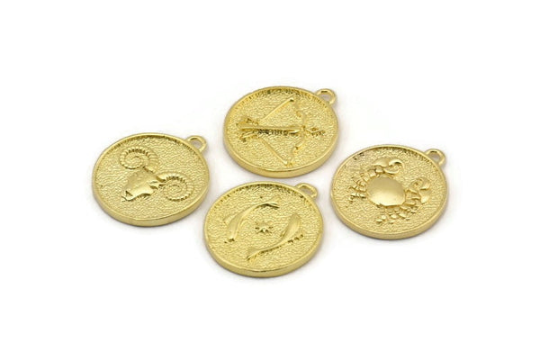Brass Zodiac Signs, Zodiac Signs With 1 Loop, Zodiac Sign Charms, Raw Brass, Horoscope Charms, Astrology Zodiac Charms (27.5x24x2.5mm)