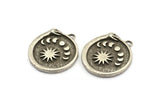 Silver Round Charm, Antique Silver Plated Brass Snake And Moon Phases Patterned Round Shape Charm With 1 Loop, Pendants (28x25x2.3mm) N2139