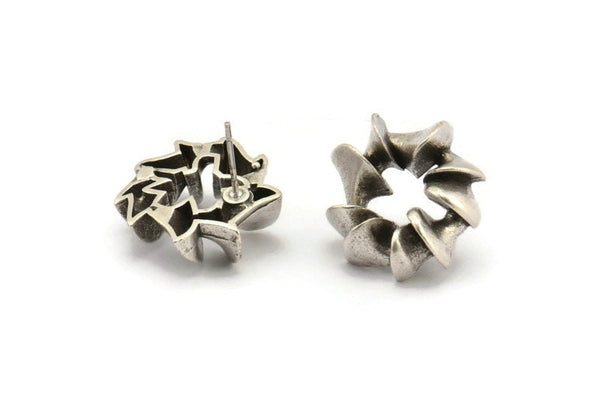 Silver Round Earring, 2 Antique Silver Plated Brass Round Stud Earrings (20x19mm) N2144