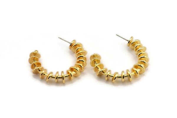 Gold Geometric Earring, 2 Hammered Gold Plated Brass Circle Stud Earrings (38x37x8mm) N2146