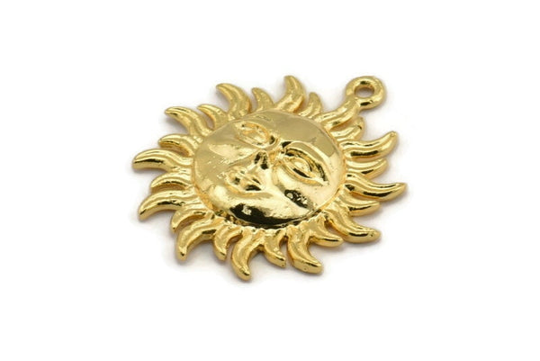 Gold Sun Charm, Gold Plated Brass Sun Shaped Charm With 1 Loop (29x25mm) N2136