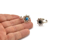 Silver Ring Settings, 2 Antique Silver Plated Brass Flower Rings With 1 Round Shaped Stone Setting - Pad Size 6mm N2101 H1414